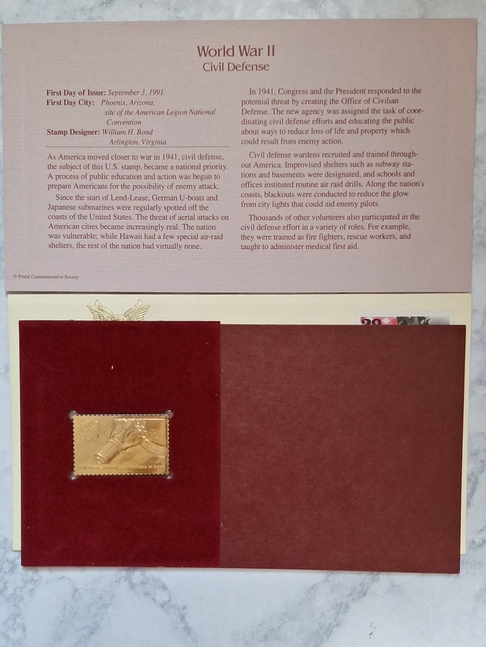 Home Collectible - Maroon and Gold WWII Civil Defense Stamp 1st In Series